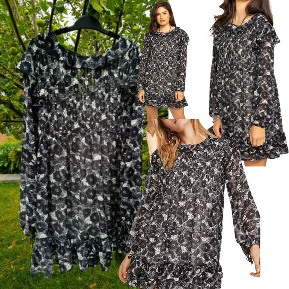 FREE PEOPLE These Dreams Ruffled Floral Mini Dress, Black & White - Sz L - Picture 1 of 13